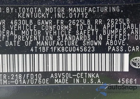 2012 Toyota Camry Le z USA, uszkodzony, nr VIN 4T1BF1FK8CU045623